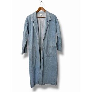 Vintage Be Bop Denim Trench Coat Duster Blue Womens Small Y2K Longline